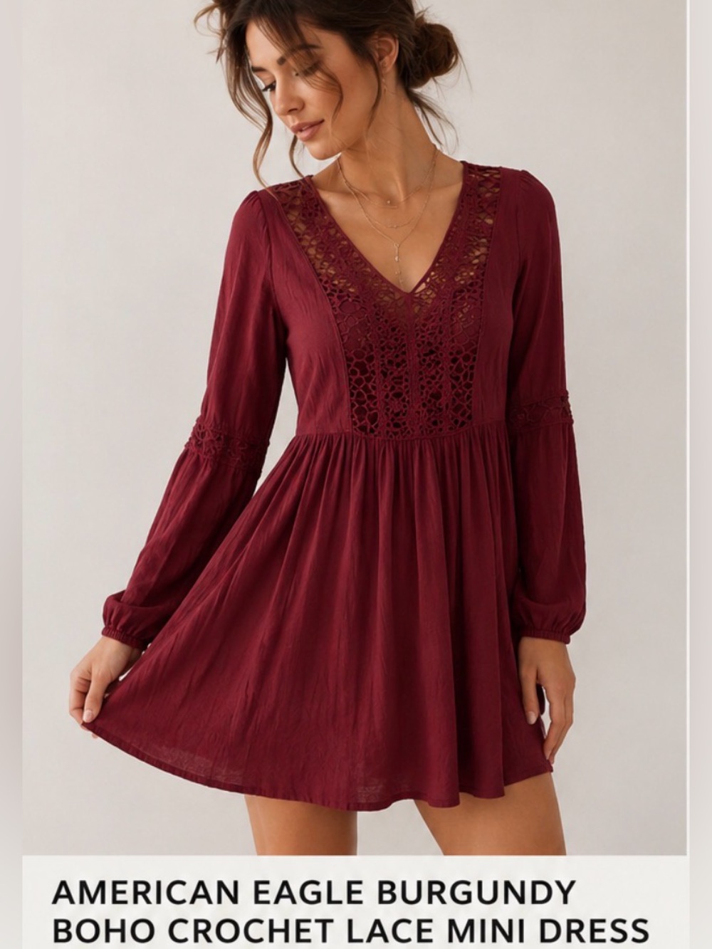 American Eagle Burgundy Boho Crochet Lace Babydoll Dress Long Sleeve Festival M